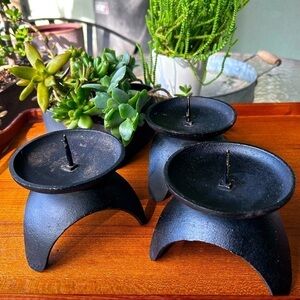 Mid Century Black Cast Iron Tripod Candle Holders Set of 3